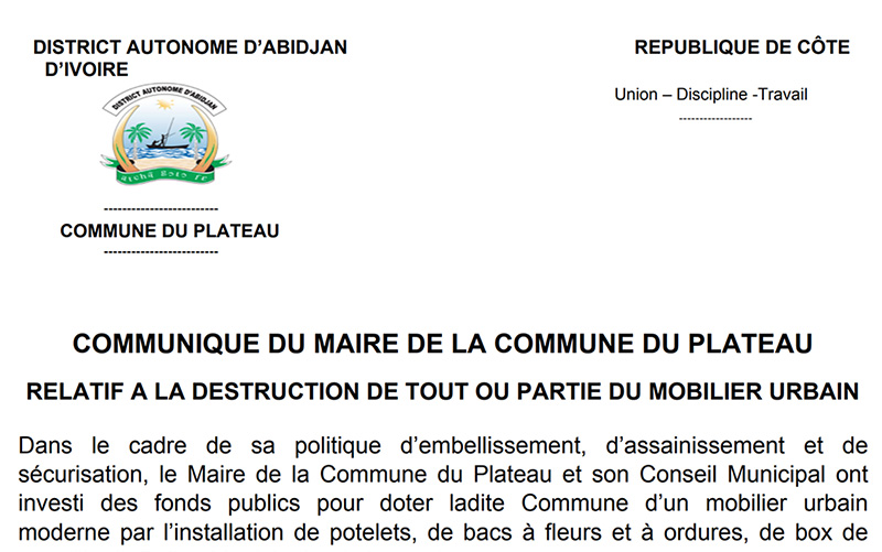 Communiqué du Maire de La Commune du Plateau relatif à La Destruction