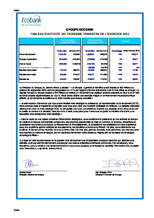 Rapport d activités 3ème trimestre 2023 ECOBANK CI Abidjan net