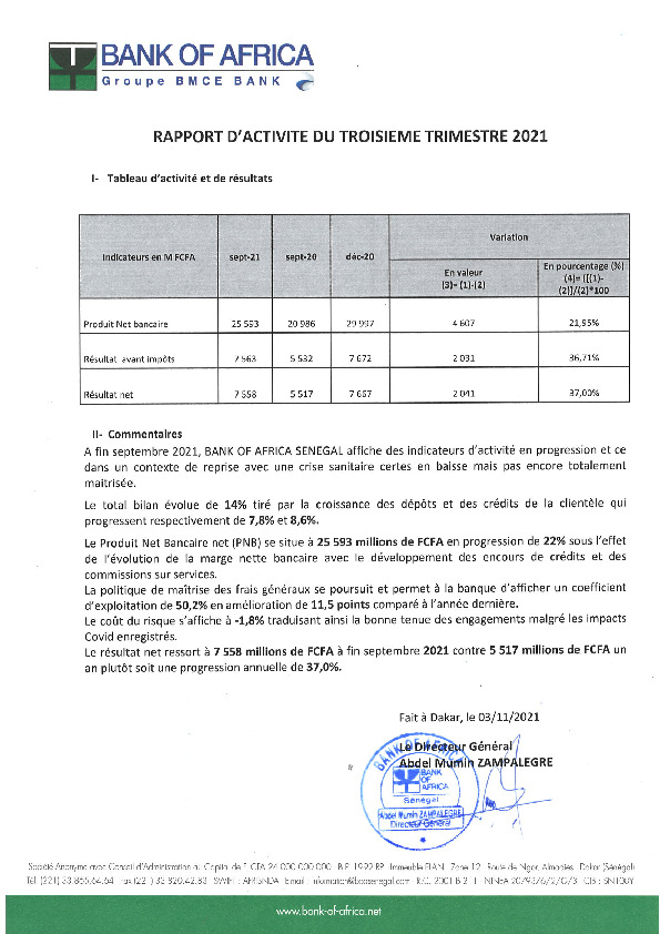 Rapport d activité au 3ème trimestre 2021 BOA SENEGAL Abidjan net