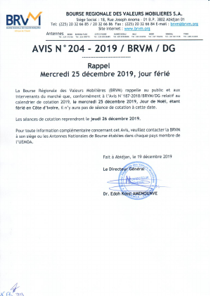 Avis N204 2019 BRVM DG Rappel mercredi 25 décembre 2019 jour