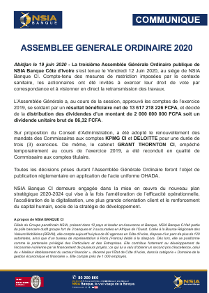 Communiqué Assemblée Générale Ordinaire NSIA BANQUE CI Abidjan