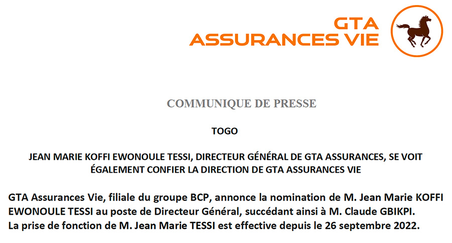 GTA Assurances Vie, filiale du groupe BCP, annonce la nomination de M