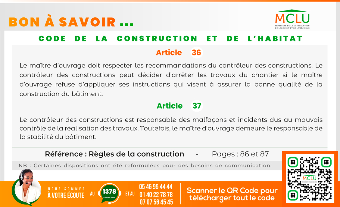 Code de la Construction et de l'Habitat Le Contrôleur des Constructions Le Maitre d'Ouvrage
