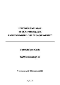 Discours Premier Ministre : Conférence de presse Monsieur le Premier Ministre