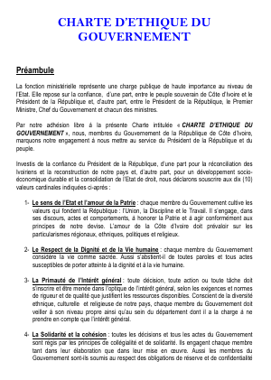 République de Cote d`Ivoire: la Charte d`éthique du gouvernement