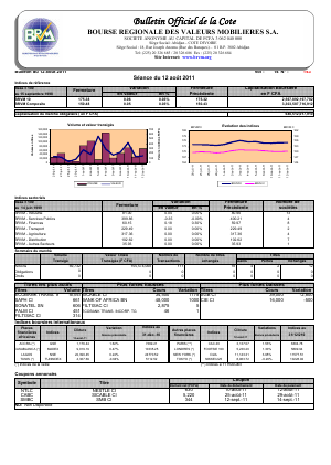 Bulletin Officiel de la Côte BRVM du vendredi 12 Août 2011