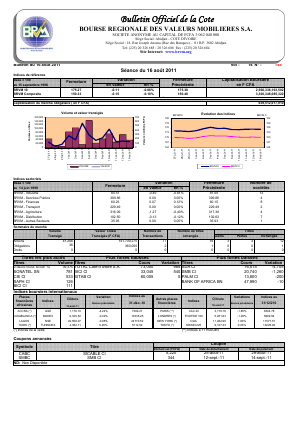 Bulletin Officiel de la Côte BRVM du mardi 16 Août 2011