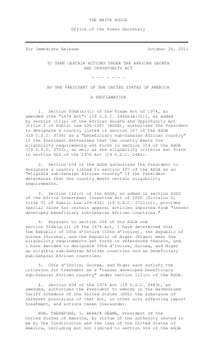 Proclamation du President Barack Obama concernant l`éligibilité de la Côte d’Ivoire à l’AGOA (anglais)