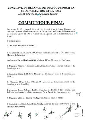 Communiqué final du conclave de relance du dialogue pour la reconciliation et la paix de Grand-Bassam