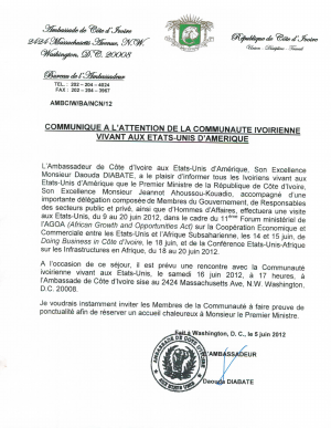 Ambassade de CI à Washington - Communiqué à l’attention de la communauté ivoirienne vivant aux États-Unis