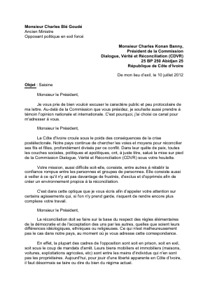 Lettre de Charles Blé Goudé au président de la Comission réconciliation Charles Konan Banny