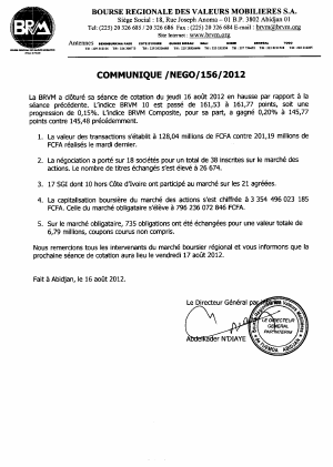Bulletin Officiel de la Côte BRVM du jeudi 16 août 2012