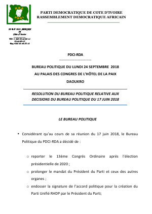 Les 9 resolutions du 8e bureau politique du PDCI-RDA