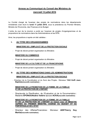 Annexe au Communiqué du Conseil des Ministres du mercredi 13 juillet 2016