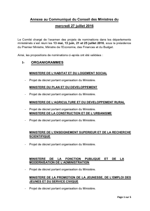 Annexe au Communiqué du Conseil des Ministres du mercredi 27 juillet 2016