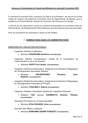 Annexe au Communiqué du Conseil des Ministres du mercredi 9 novembre 2016