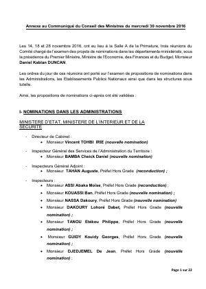 Annexe au Communiqué du Conseil des Ministres du mercredi 30 novembre 2016