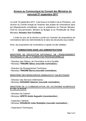 Annexe au Communiqué du Conseil des Ministres du mercredi 27 septembre 2017
