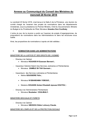 Annexe du Communiqué du Conseil des ministres du mercredi 07 mars 2018