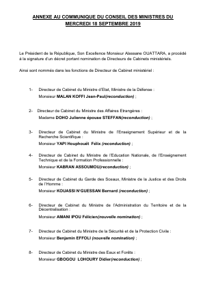 Annexe au communiqué du conseil des ministres du Mercredi 18 septembre 2019