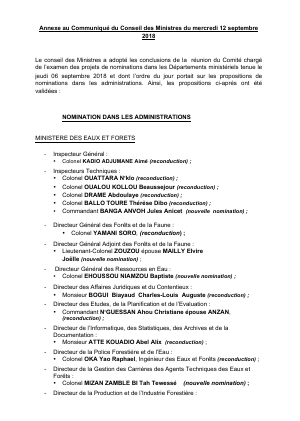Annexe au Communiqué du Conseil des Ministres du mercredi 12 septembre 2018