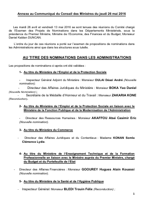 Annexe au Communiqué du Conseil des Ministres du jeudi 26 mai 2016