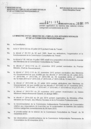 Arrêté d’application du barème des salaires minima catégoriels conventionnels de 2015