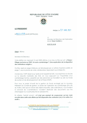 L'ANP inflige un blâme au quotidien L'Essor ivoirien pour son article sur l'attaque au Fsdp