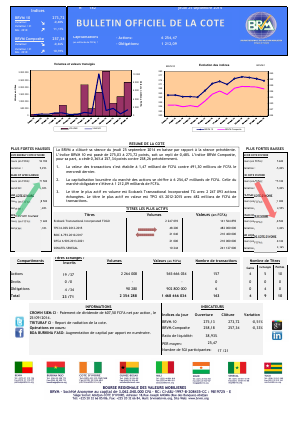 Bulletin Officiel de la Côte BRVM du jeudi 25 septembre 2014