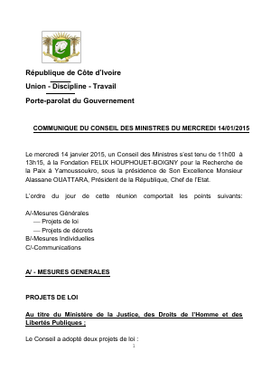 Communiqué du Conseil des Ministres du mercredi 14 janvier 2015