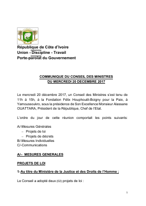 Communiqué du conseil des ministres du mercredi 20 décembre 2017