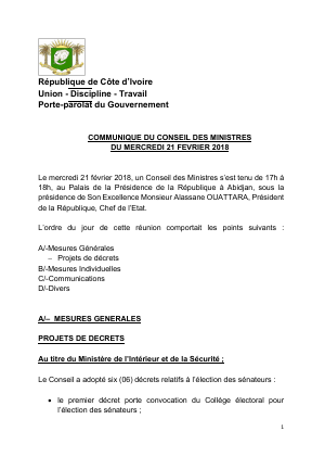 Communiqué du conseil des ministres du mercredi 21 février 2018