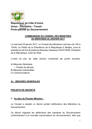 Communiqué du conseil des ministres du mercredi 25 Janvier 2017