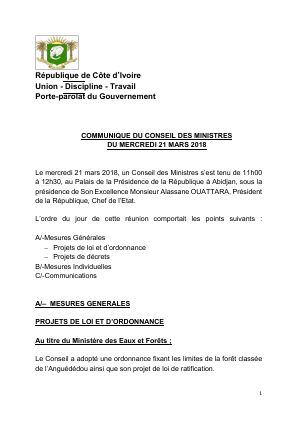 Communiqué du Conseil des ministres du mercredi 21 Mars 2018