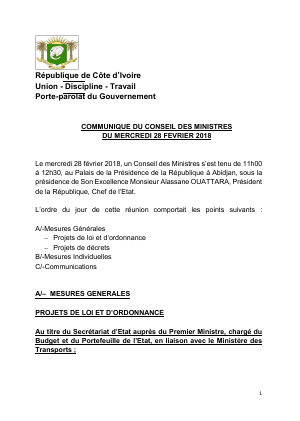 Communiqué du Conseil des ministres du mercredi 28 février 2018