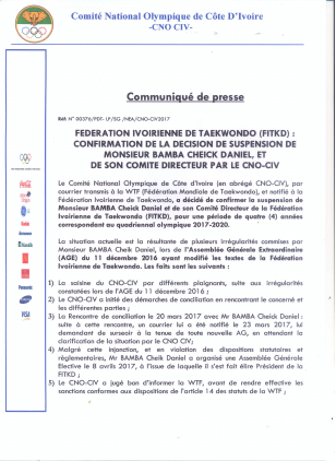 Le CNO-CIV confirme la décision de suspension de M. Bamba Cheick Daniel et de son Comité Directeur.