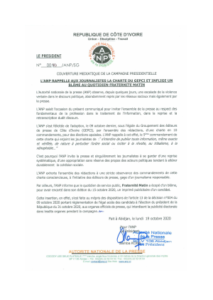 Communiqué : l’ANP rappelle aux journalistes la charte du GEPCI et inflige un blâme au quotidien Fraternité Matin