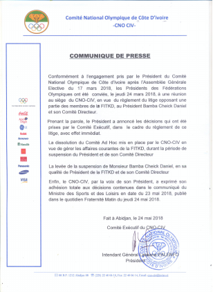 Le communiqué du Cno-CIV relatif à la fin de la crise avec la fédération ivoirienne de Taekwondo