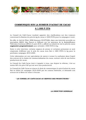 Communiqué de presse du Conseil du Café-Cacao : démenti de la rumeur sur le prix d’achat du cacao à 1000 FCFA
