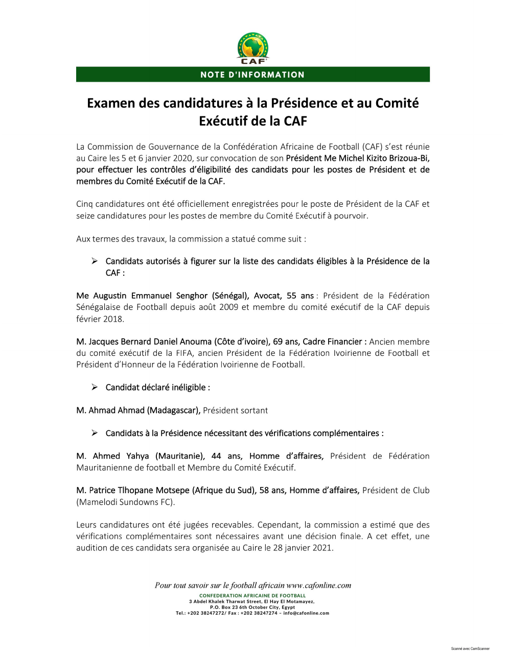 Football/ Election à la CAF: examen des candidatures à la présidence et au comité exécutif