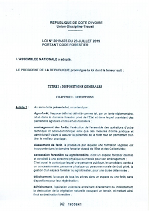 LOI N°2019-675 du 23 juillet 2019 portant Code Forestier