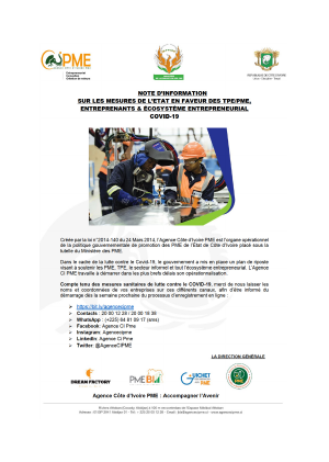 Lutte-contre-le-Covid-19: Communiqué de l’Agence-CI-PME sur les mesures prises en faveur des TPE/PME, Entreprenants & Écosystème entrepreneurial