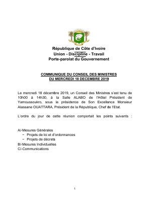 Communiqué du Conseil des ministres de ce mercredi 18 décembre 2019