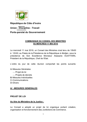 Communiqué du conseil des ministres du mercredi 11 mai 2016