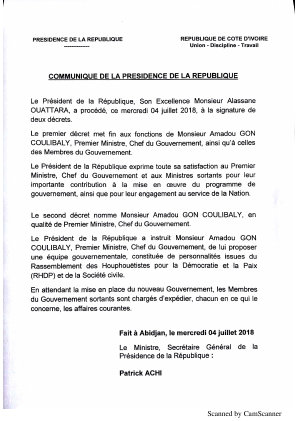 Communiqué de la Présidence de la République relatif à la démission du gouvernement