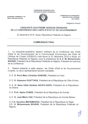 Communiqué final du 54è Sommet de la CEDEAO à Abuja