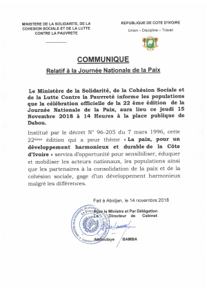 Communiqué relatif à la journée nationale de la paix