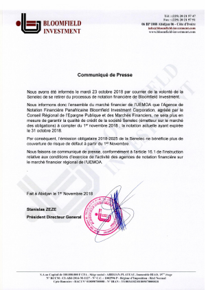 Communiqué de presse relatif au retrait de la SENELEC de la notation financière Investment