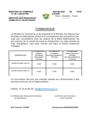 Communiqué concernant les prix maxima de la viande de bœuf au kilogramme, en cette période de crise énergétique