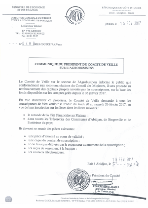 Entreprise d`Agrobusiness: les souscripteurs invités  à s`inscrire pour les remboursements (Communiqué)